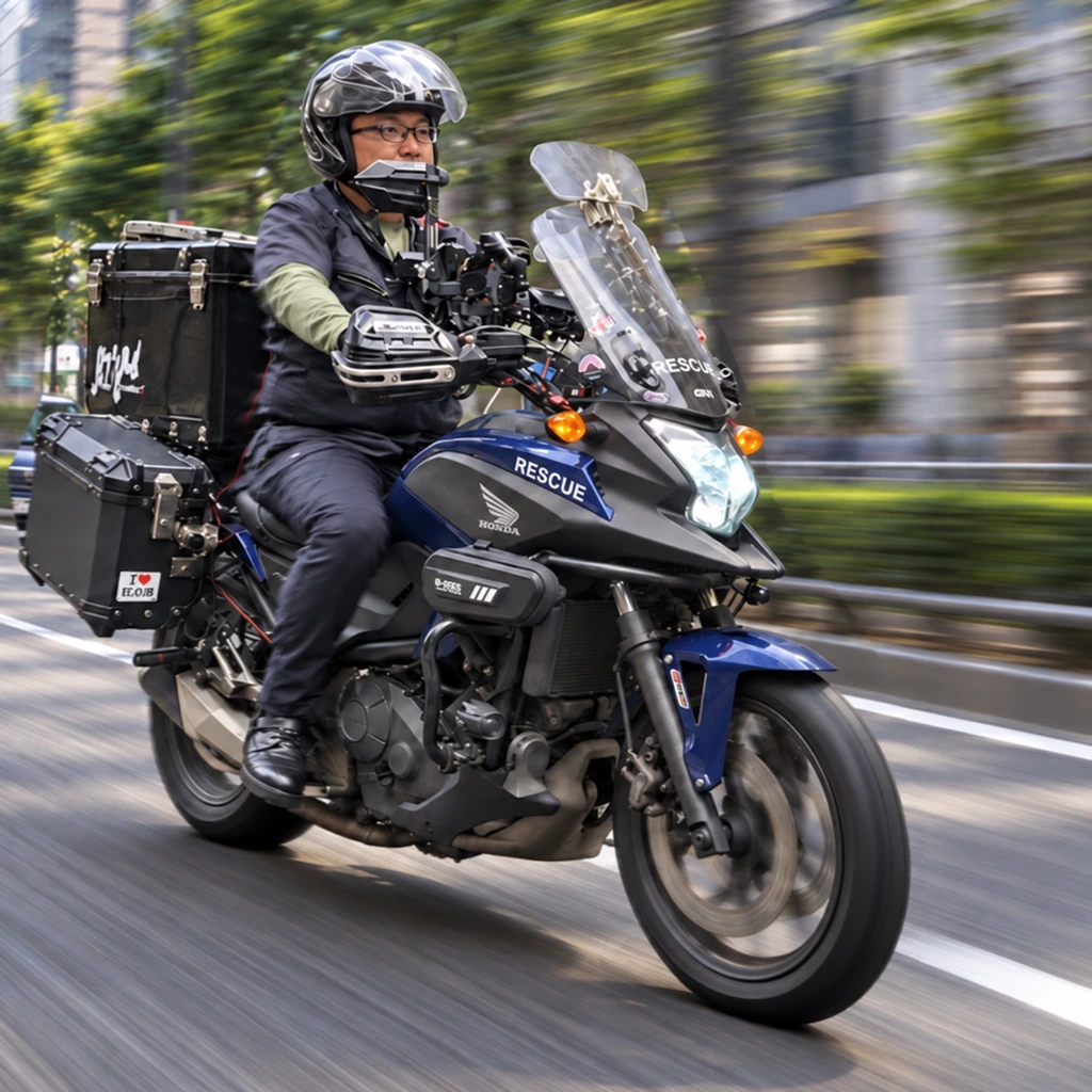 街並みが流れる東京の道路を、助人の隊員が救援用バイクで移動する様子
