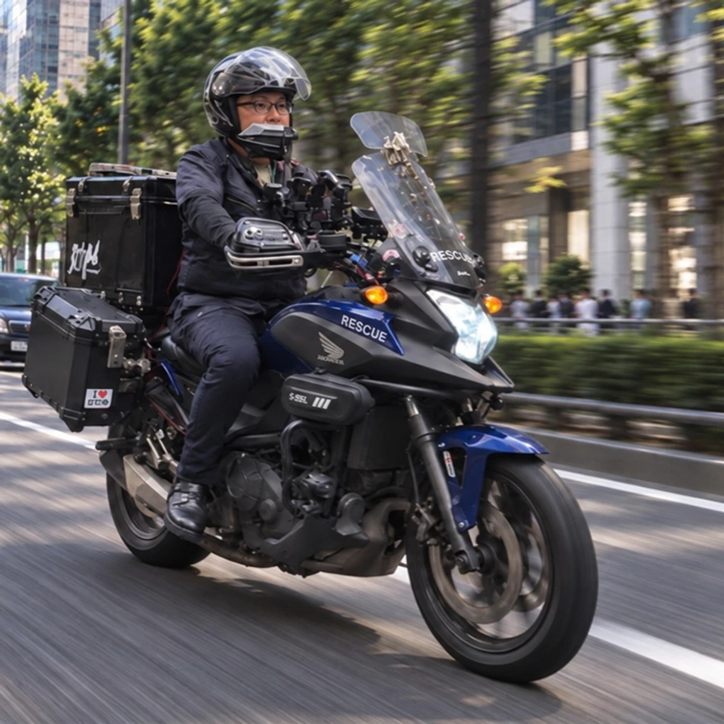 街並みが流れる東京の道路を、助人の隊員が救援用バイクで移動する様子